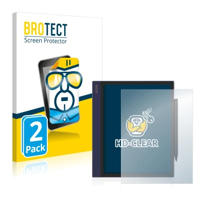 Front side of a product packaging with the brand logo BROTECT. Next to it is the device Boox Note Air shown with the correspon