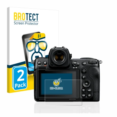 Front side of a product packaging with the brand logo BROTECT. Next to it is the device Nikon Z 8 shown with the corresponding
