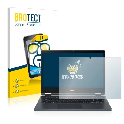 Front side of a product packaging with the brand logo BROTECT. Next to it is the device Acer TravelMate Spin P4 14" 16:9 shown