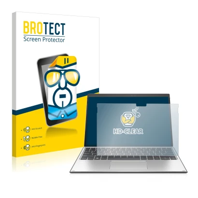 Front side of a product packaging with the brand logo BROTECT. Next to it is the device HP Elite x2 G8 shown with the correspo