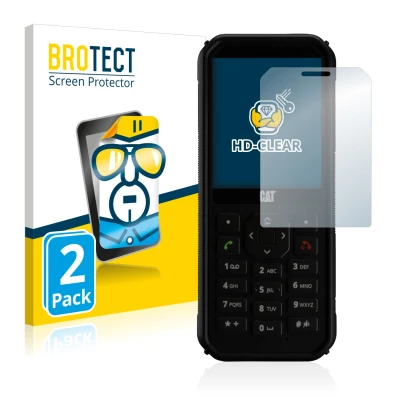 Front side of a product packaging with the brand logo BROTECT. Next to it is the device Caterpillar Cat B40 shown with the cor