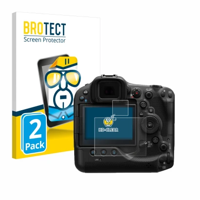 Front side of a product packaging with the brand logo BROTECT. Next to it is the device Canon EOS R3 shown with the correspond