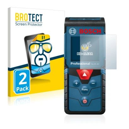 Front side of a product packaging with the brand logo BROTECT. Next to it is the device Bosch GLM 40 Professional shown with t