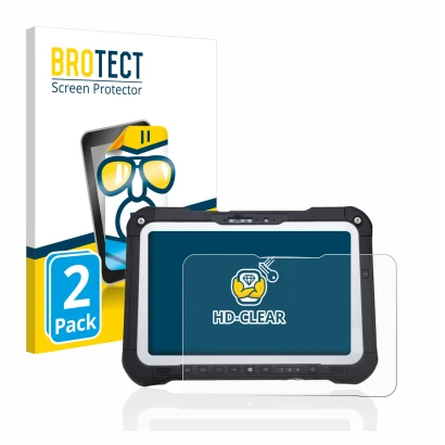 Front side of a product packaging with the brand logo BROTECT. Next to it is the device Panasonic Toughbook FZ-G2 shown with t