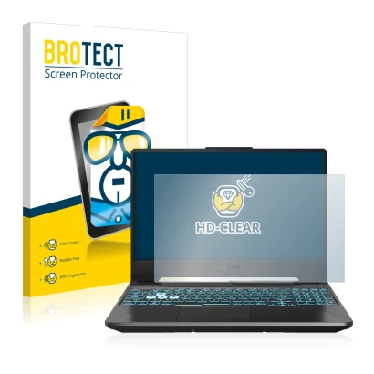 Front side of a product packaging with the brand logo BROTECT. Next to it is the device ASUS TUF Gaming A15 shown with the cor