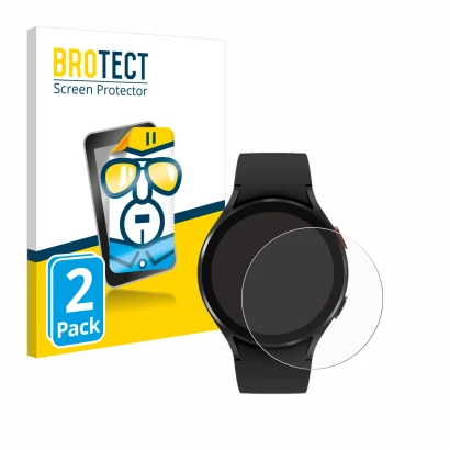 Front side of a product packaging with the brand logo BROTECT. Next to it is the device Samsung Galaxy Watch 4 (44mm) shown wi