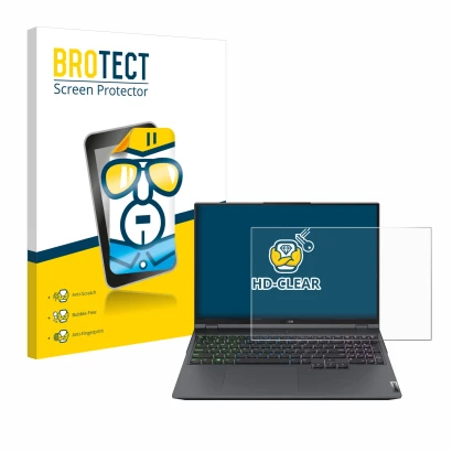 Front side of a product packaging with the brand logo BROTECT. Next to it is the device Lenovo Legion 5 Pro shown with the cor