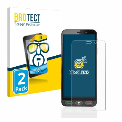 Front side of a product packaging with the brand logo BROTECT. Next to it is the device Brondi Amico S Nero shown with the cor