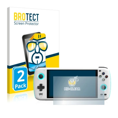Front side of a product packaging with the brand logo BROTECT. Next to it is the device AYN Odin shown with the corresponding