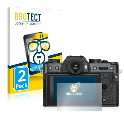 Front side of a product packaging with the brand logo BROTECT. Next to it is the device Fujifilm X-T30 ll shown with the corre