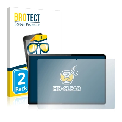 Front side of a product packaging with the brand logo BROTECT. Next to it is the device Lenovo Tab P12 Pro shown with the corr