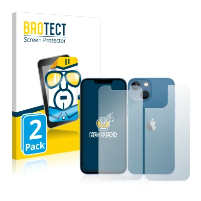 Front side of a product packaging with the brand logo BROTECT. Next to it is the device Apple iPhone 13 mini (Front+Back) show