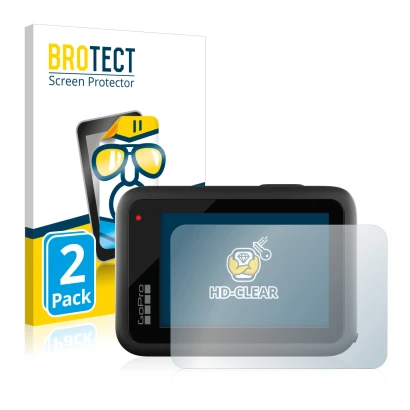 Front side of a product packaging with the brand logo BROTECT. Next to it is the device GoPro Hero 10 Black shown with the cor