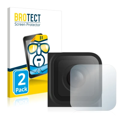 Front side of a product packaging with the brand logo BROTECT. Next to it is the device GoPro Hero 10 Black Lens (housing) sho
