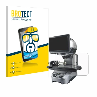Front side of a product packaging with the brand logo BROTECT. Next to it is the device Keyence IM-8030 Glass plate shown with