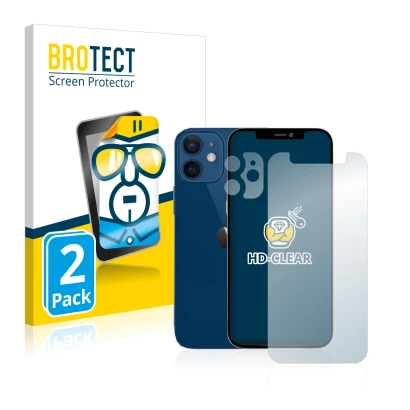 Front side of a product packaging with the brand logo BROTECT. Next to it is the device Apple iPhone 12 mini (Front+Camera) sh