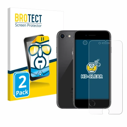 Front side of a product packaging with the brand logo BROTECT. Next to it is the device Apple iPhone 8 (Front+Camera) shown wi