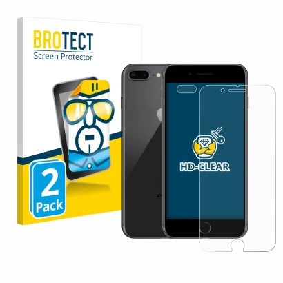 Front side of a product packaging with the brand logo BROTECT. Next to it is the device Apple iPhone 8 Plus (Front+Camera) sho