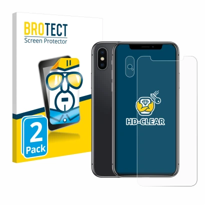 Front side of a product packaging with the brand logo BROTECT. Next to it is the device Apple iPhone X (Front+Camera) shown wi