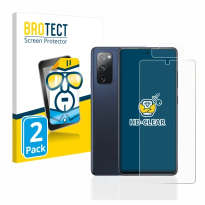 Front side of a product packaging with the brand logo BROTECT. Next to it is the device Samsung Galaxy S20 FE (Front+Camera) s