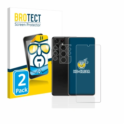 Front side of a product packaging with the brand logo BROTECT. Next to it is the device Samsung Galaxy S21 Ultra 5G (Front+Cam
