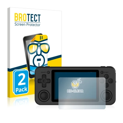 Front side of a product packaging with the brand logo BROTECT. Next to it is the device Anbernic RG351P shown with the corresp