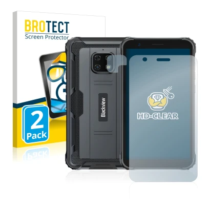 Front side of a product packaging with the brand logo BROTECT. Next to it is the device Blackview BV4900S (Front+Camera) shown