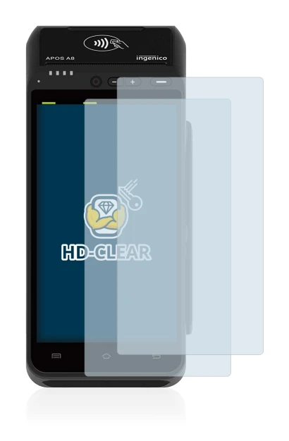 Image of the device ingenico Apos A8 with a wide variety of screen protectors.