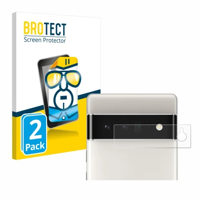 Front side of a product packaging with the brand logo BROTECT. Next to it is the device Google Pixel 6 Pro (ONLY Camera Lens) 