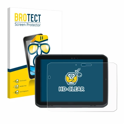 Front side of a product packaging with the brand logo BROTECT. Next to it is the device Zebra ET80 shown with the correspondin