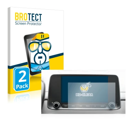 Front side of a product packaging with the brand logo BROTECT. Next to it is the device Hyundai Kona 2021 Infotainment System