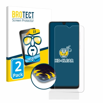 Front side of a product packaging with the brand logo BROTECT. Next to it is the device Samsung Galaxy A03 shown with the corr
