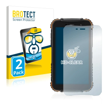 Front side of a product packaging with the brand logo BROTECT. Next to it is the device Doogee S35T shown with the correspondi