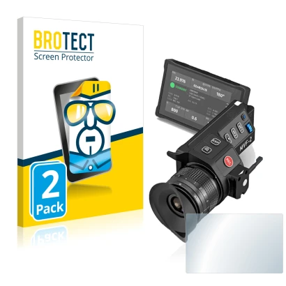 Front side of a product packaging with the brand logo BROTECT. Next to it is the device Arri MVF-2 shown with the correspondin