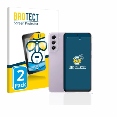 Front side of a product packaging with the brand logo BROTECT. Next to it is the device Samsung Galaxy S21 FE 5G (Front+Camera