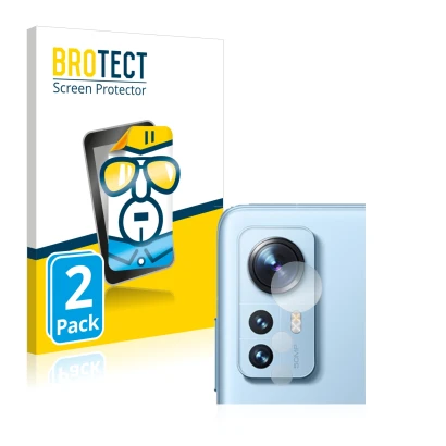 Front side of a product packaging with the brand logo BROTECT. Next to it is the device Xiaomi 12 (ONLY Camera Lens) shown wit
