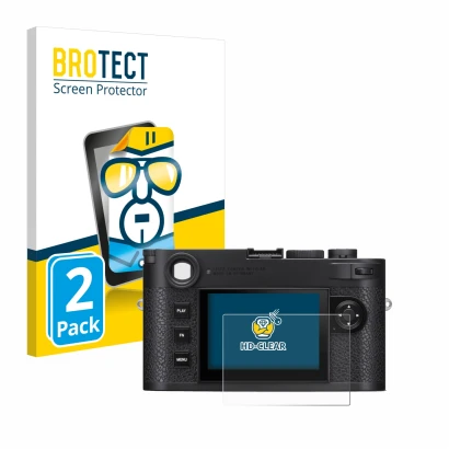 Front side of a product packaging with the brand logo BROTECT. Next to it is the device Leica M11 shown with the corresponding