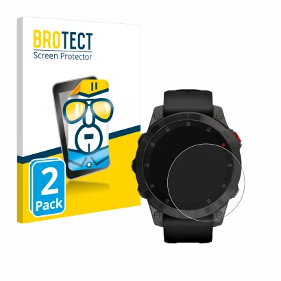 Front side of a product packaging with the brand logo BROTECT. Next to it is the device Garmin epix (Gen. 2) shown with the co