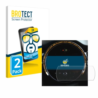 Front side of a product packaging with the brand logo BROTECT. Next to it is the device Mini Cooper 2021 Infotainment System 8