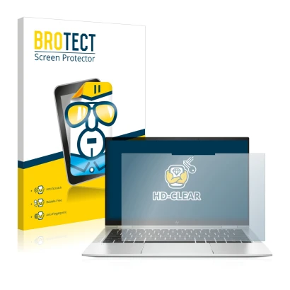 Front side of a product packaging with the brand logo BROTECT. Next to it is the device HP EliteBook x360 1030 G8 shown with t