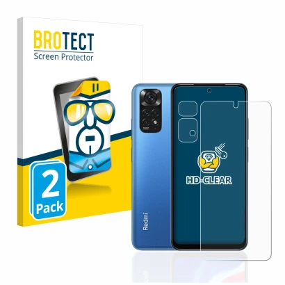 Front side of a product packaging with the brand logo BROTECT. Next to it is the device Xiaomi Redmi Note 11 (Front+Camera) sh