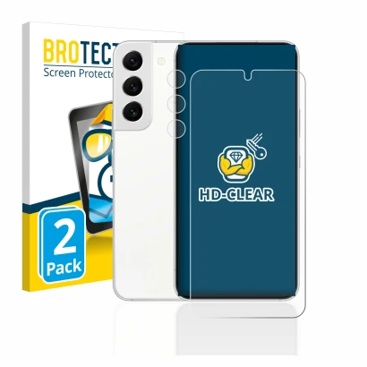 Front side of a product packaging with the brand logo BROTECT. Next to it is the device Samsung Galaxy S22 5G (Front+Camera) s