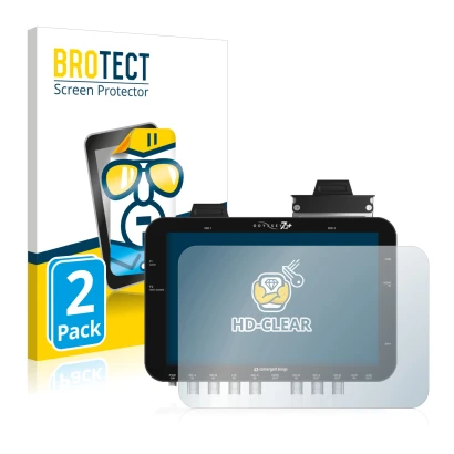 Front side of a product packaging with the brand logo BROTECT. Next to it is the device Convergent Design Odyssey 7Q+ shown wi