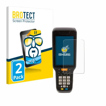 Front side of a product packaging with the brand logo BROTECT. Next to it is the device Datalogic Skorpio X5 shown with the co