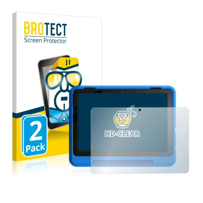 Front side of a product packaging with the brand logo BROTECT. Next to it is the device Amazon Fire HD 8 Kids Pro Edition 2021