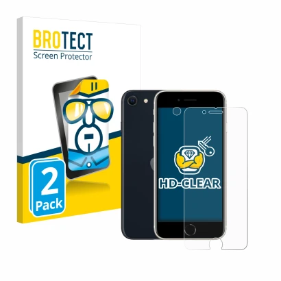 Front side of a product packaging with the brand logo BROTECT. Next to it is the device Apple iPhone SE 3 2022 (Front+Camera) 