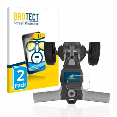 Front side of a product packaging with the brand logo BROTECT. Next to it is the device PowaKaddy FX5 2.8" shown with the corr