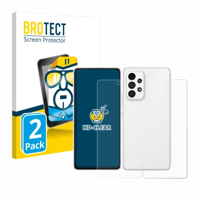 Front side of a product packaging with the brand logo BROTECT. Next to it is the device Samsung Galaxy A53 5G (Front+Back) sho