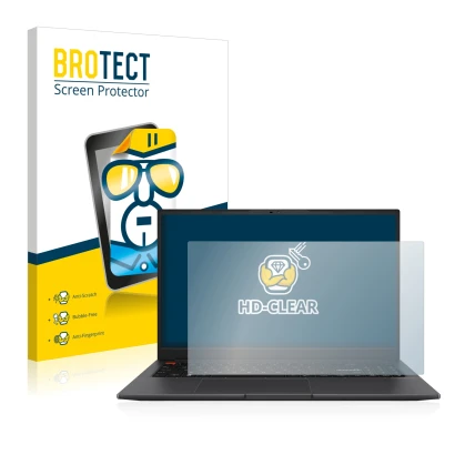 Front side of a product packaging with the brand logo BROTECT. Next to it is the device ASUS VivoBook S 15 OLED shown with the