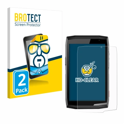 Front side of a product packaging with the brand logo BROTECT. Next to it is the device Crosscall Core T5 shown with the corre